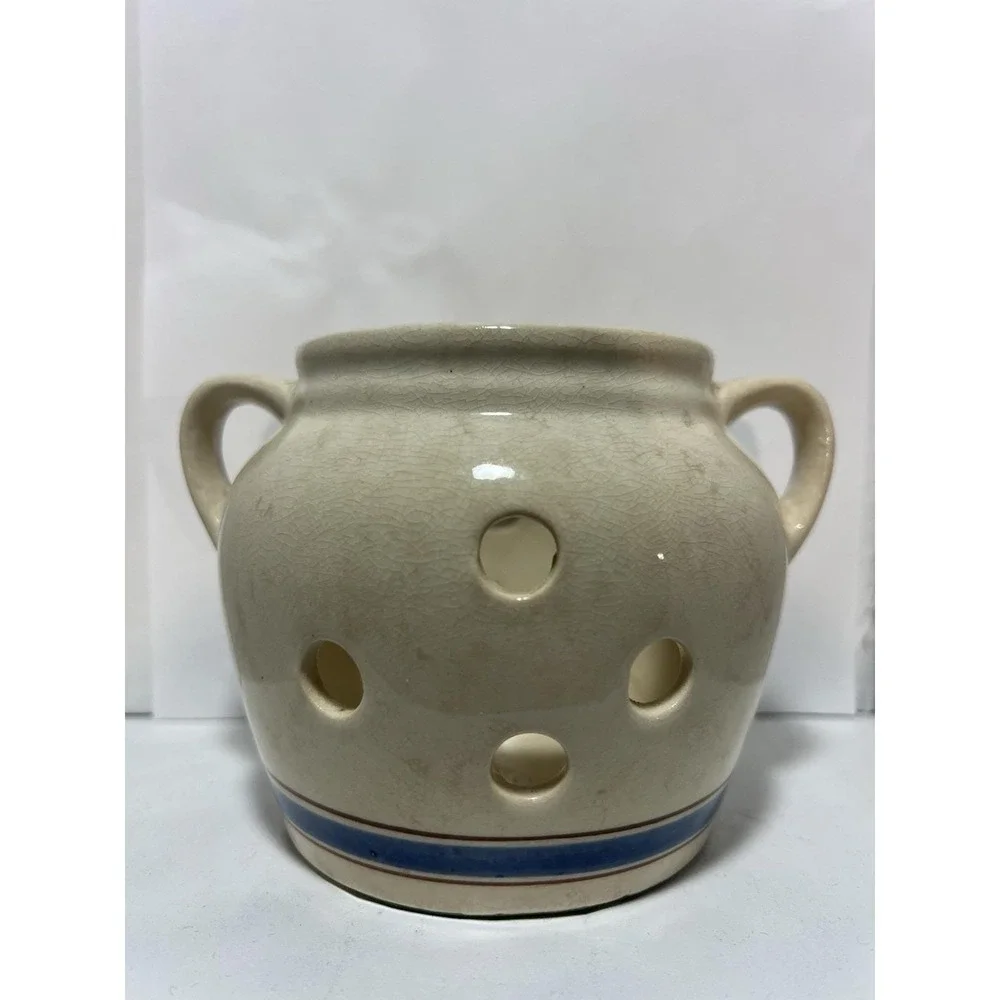 Vintage Lillian Vernon Garlic Keeper Crock Beige with Blue and Burgundy Stripes